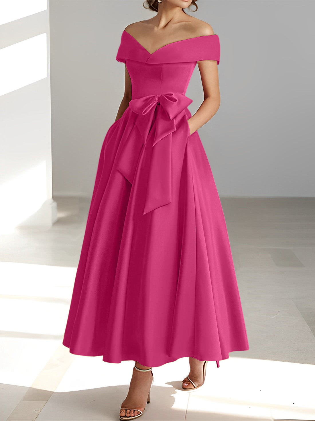 Vestidos de madre de la novia de corte A/princesa, sin mangas, hasta los tobillos, con hombros descubiertos y bolsillos