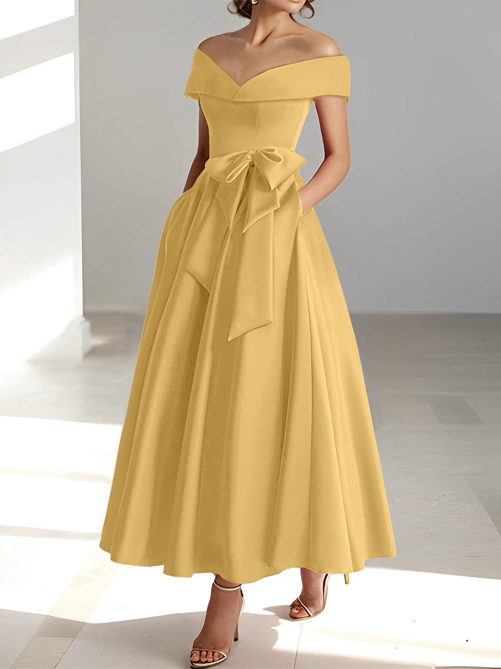 Vestidos de madre de la novia de corte A/princesa, sin mangas, hasta los tobillos, con hombros descubiertos y bolsillos