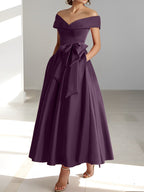 Vestidos de madre de la novia de corte A/princesa, sin mangas, hasta los tobillos, con hombros descubiertos y bolsillos