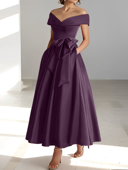 Vestidos de madre de la novia de corte A/princesa, sin mangas, hasta los tobillos, con hombros descubiertos y bolsillos