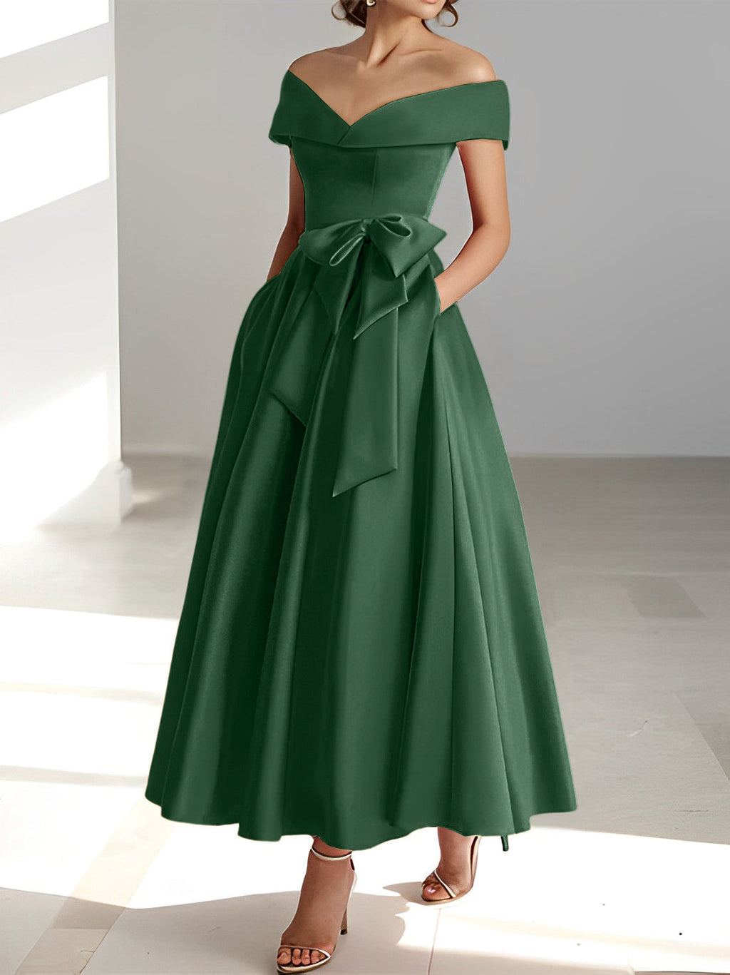 Vestidos de madre de la novia de corte A/princesa, sin mangas, hasta los tobillos, con hombros descubiertos y bolsillos