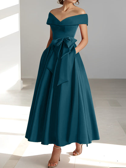 Vestidos de madre de la novia de corte A/princesa, sin mangas, hasta los tobillos, con hombros descubiertos y bolsillos