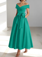 Vestidos de madre de la novia de corte A/princesa, sin mangas, hasta los tobillos, con hombros descubiertos y bolsillos