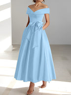 Vestidos de madre de la novia de corte A/princesa, sin mangas, hasta los tobillos, con hombros descubiertos y bolsillos