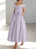 Vestidos de madre de la novia de corte A/princesa, sin mangas, hasta los tobillos, con hombros descubiertos y bolsillos