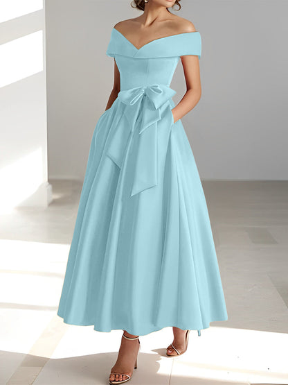 Vestidos de madre de la novia de corte A/princesa, sin mangas, hasta los tobillos, con hombros descubiertos y bolsillos