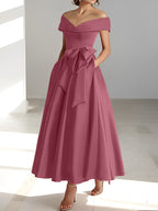 Vestidos de madre de la novia de corte A/princesa, sin mangas, hasta los tobillos, con hombros descubiertos y bolsillos