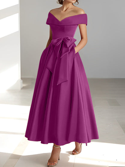 Vestidos de madre de la novia de corte A/princesa, sin mangas, hasta los tobillos, con hombros descubiertos y bolsillos