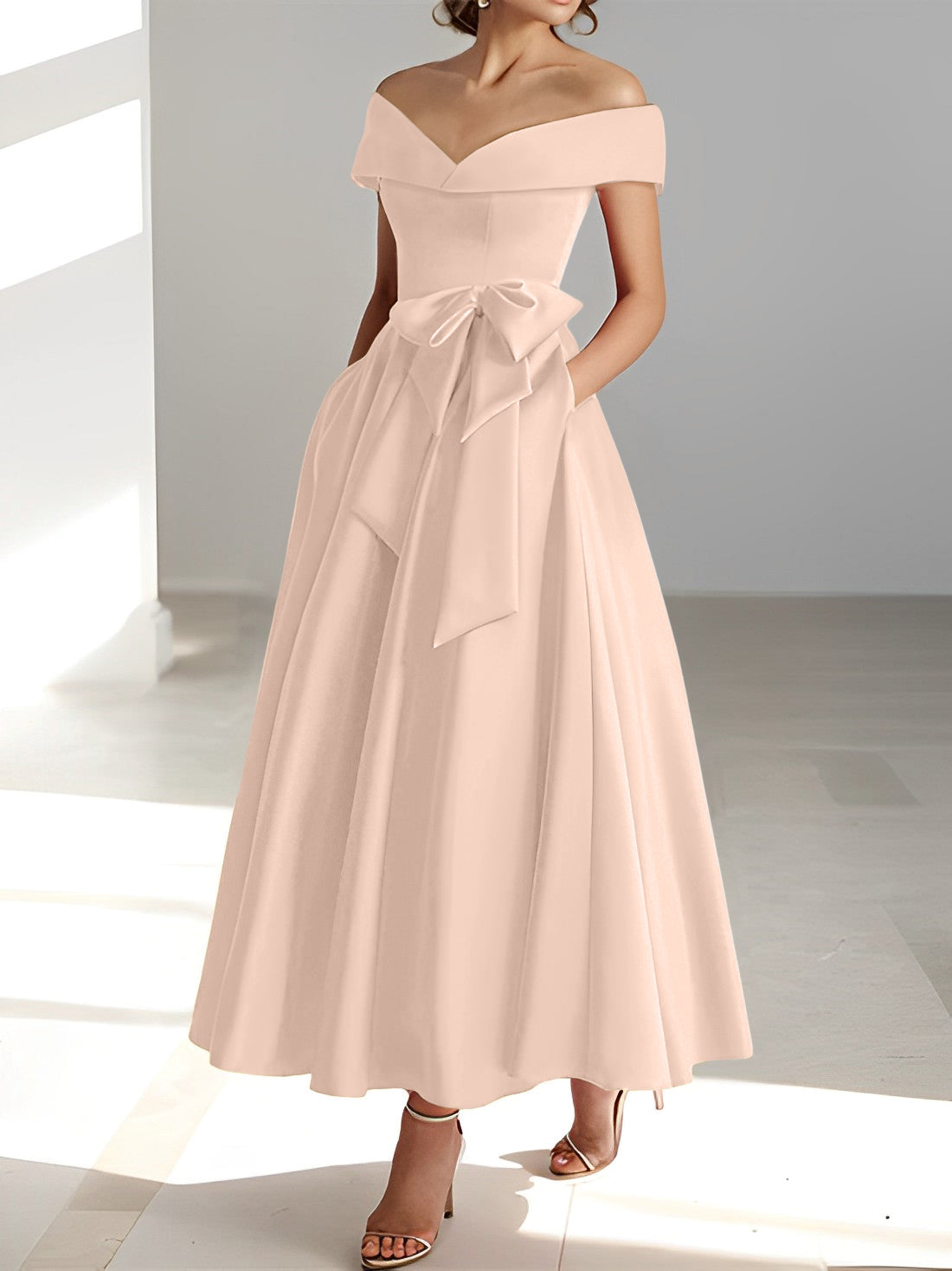 Vestidos de madre de la novia de corte A/princesa, sin mangas, hasta los tobillos, con hombros descubiertos y bolsillos