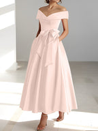 Vestidos de madre de la novia de corte A/princesa, sin mangas, hasta los tobillos, con hombros descubiertos y bolsillos