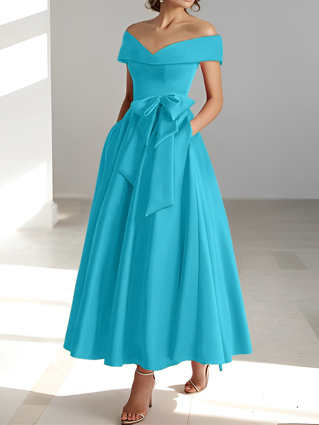 Vestidos de madre de la novia de corte A/princesa, sin mangas, hasta los tobillos, con hombros descubiertos y bolsillos