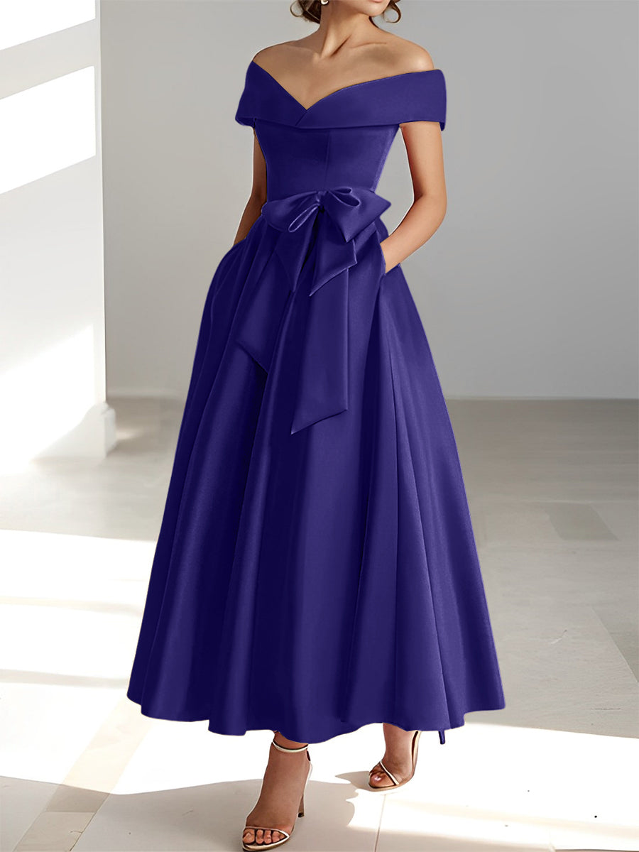 Vestidos de madre de la novia de corte A/princesa, sin mangas, hasta los tobillos, con hombros descubiertos y bolsillos