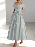 Vestidos de madre de la novia de corte A/princesa, sin mangas, hasta los tobillos, con hombros descubiertos y bolsillos