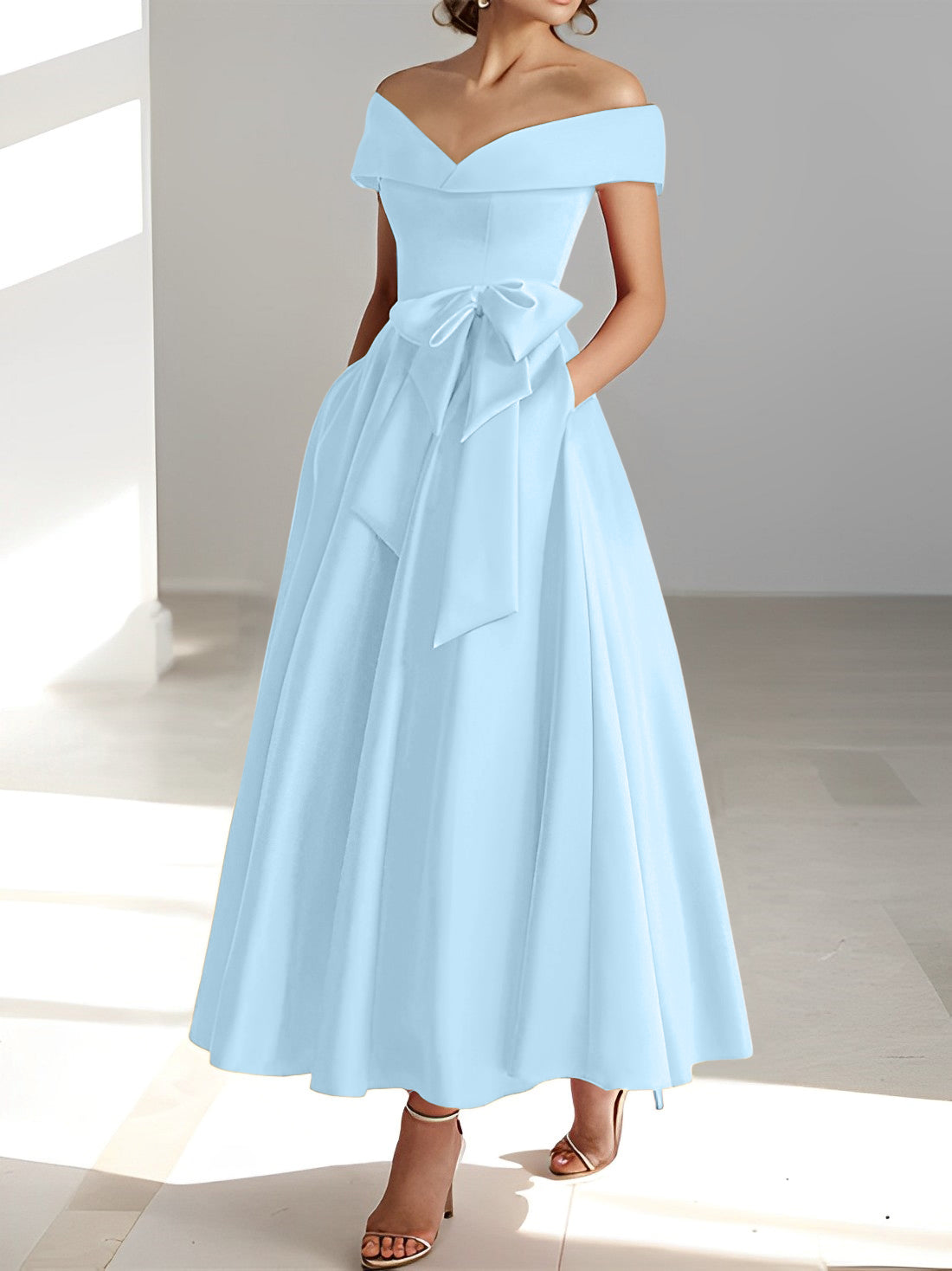 Vestidos de madre de la novia de corte A/princesa, sin mangas, hasta los tobillos, con hombros descubiertos y bolsillos