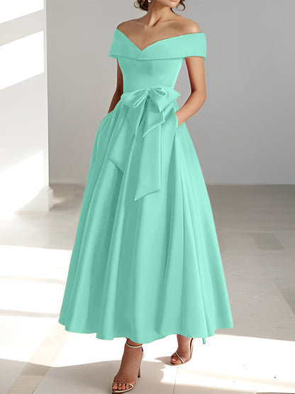 Vestidos de madre de la novia de corte A/princesa, sin mangas, hasta los tobillos, con hombros descubiertos y bolsillos