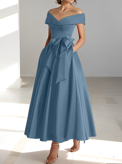 Vestidos de madre de la novia de corte A/princesa, sin mangas, hasta los tobillos, con hombros descubiertos y bolsillos