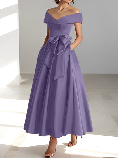 Vestidos de madre de la novia de corte A/princesa, sin mangas, hasta los tobillos, con hombros descubiertos y bolsillos