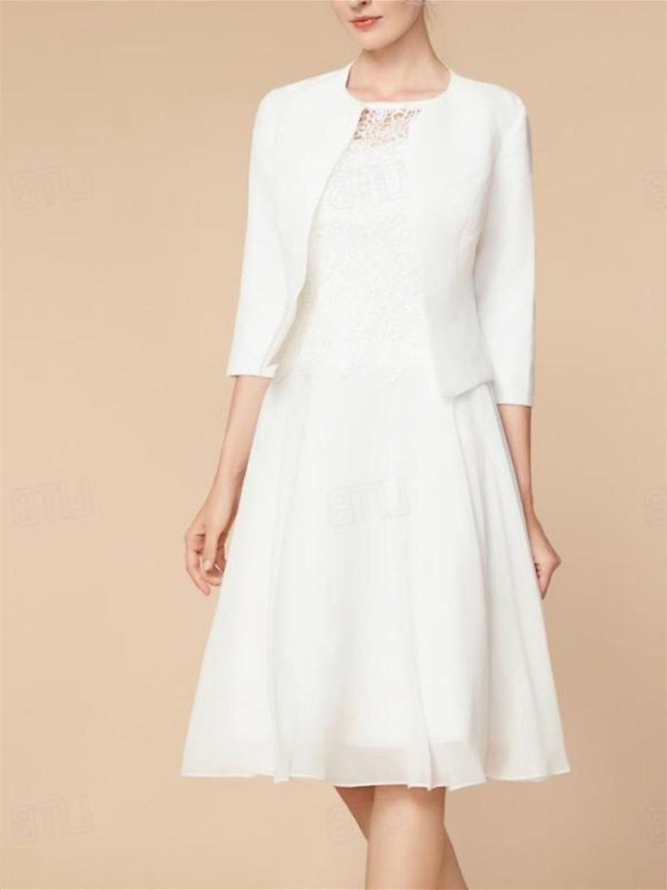 Vestidos de madre de la novia con corte A/princesa, mangas 3/4 y largo hasta la rodilla con chal