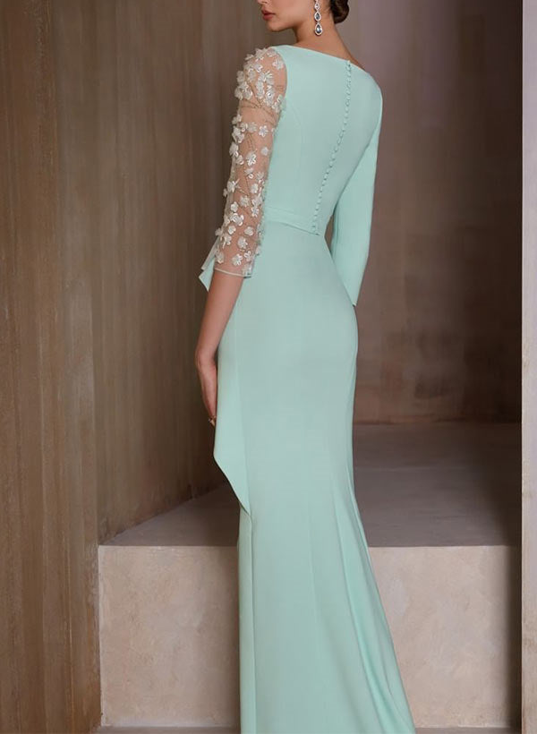 Vestidos de madre de la novia con escote en V, mangas 3/4 y largo hasta el suelo con apliques