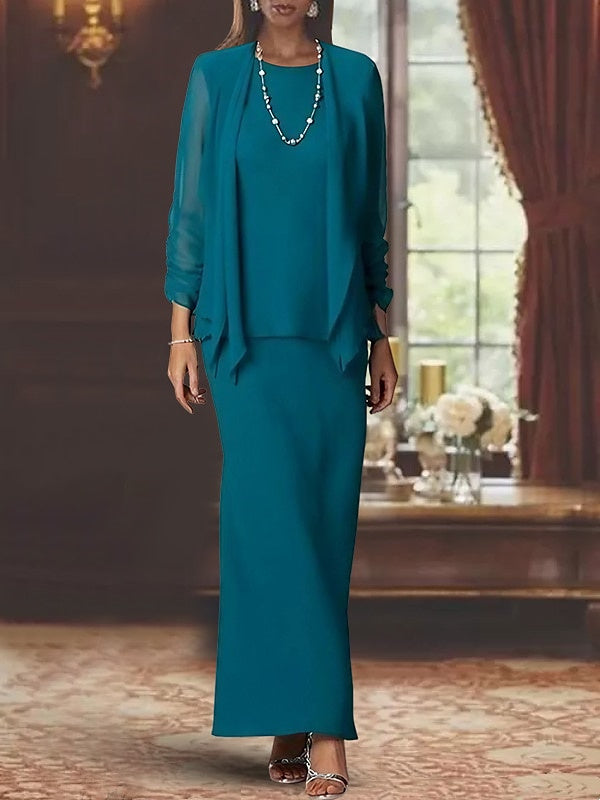 Vestidos para madre de la novia con corte tubo, escote redondo, mangas largas y largo hasta el suelo