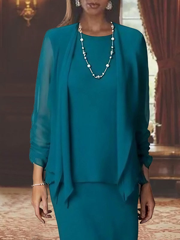 Vestidos para madre de la novia con corte tubo, escote redondo, mangas largas y largo hasta el suelo