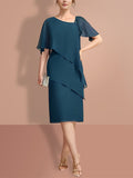 Vestidos para madre de la novia con corte tubo/columna, hasta la rodilla, mangas cortas