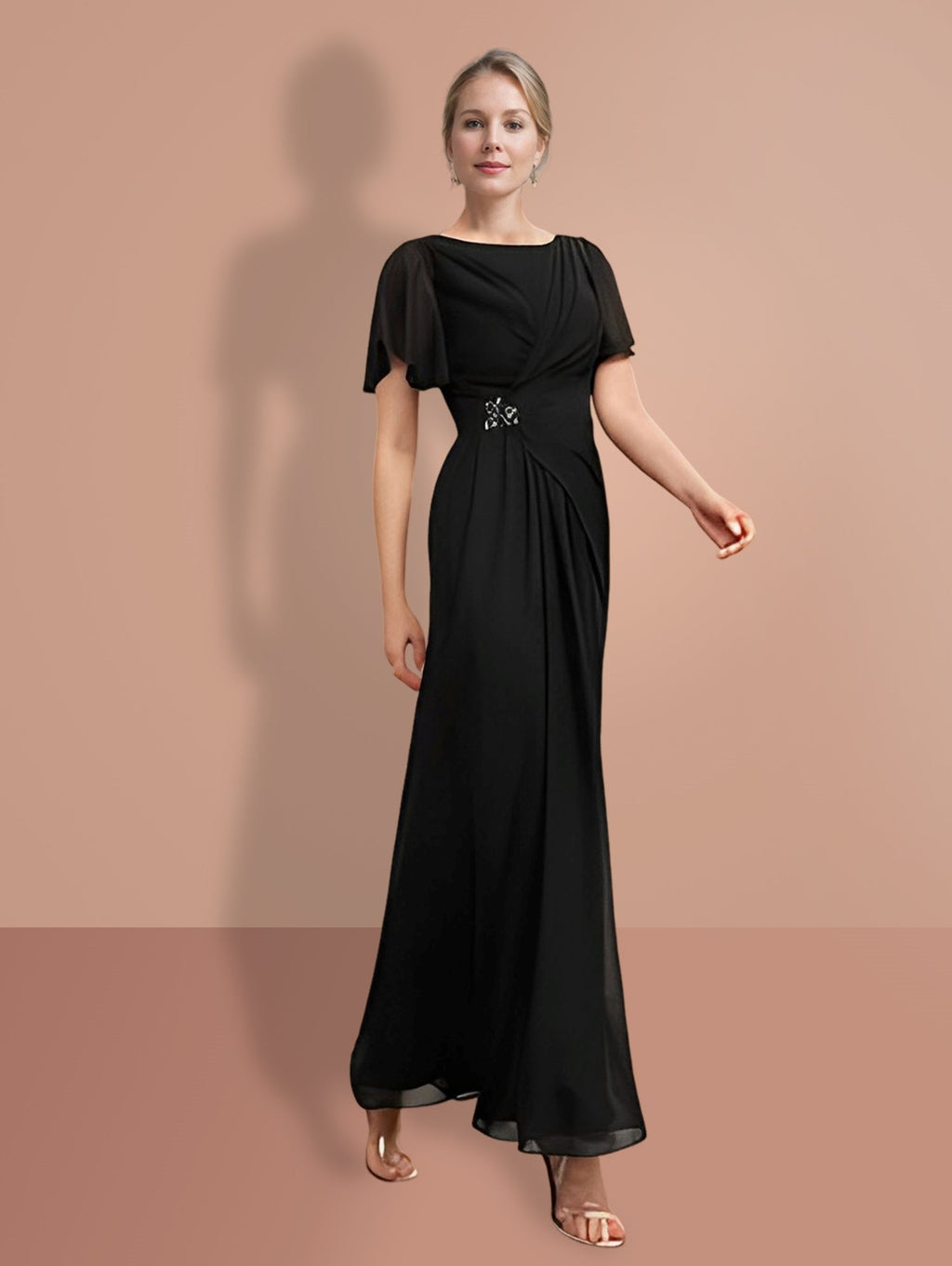 Vestidos para madre de la novia con mangas cortas, corte tubo y largo hasta los tobillos