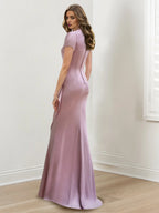 Vestidos de madre de la novia con escote en V, corte sirena/trompeta, largo hasta el suelo y volantes