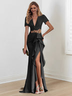Vestidos de madre de la novia con escote en V, corte sirena/trompeta, largo hasta el suelo y volantes