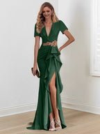 Vestidos de madre de la novia con escote en V, corte sirena/trompeta, largo hasta el suelo y volantes