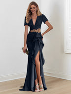 Vestidos de madre de la novia con escote en V, corte sirena/trompeta, largo hasta el suelo y volantes