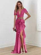 Vestidos de madre de la novia con escote en V, corte sirena/trompeta, largo hasta el suelo y volantes