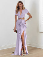 Vestidos de madre de la novia con escote en V, corte sirena/trompeta, largo hasta el suelo y volantes