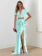 Vestidos de madre de la novia con escote en V, corte sirena/trompeta, largo hasta el suelo y volantes
