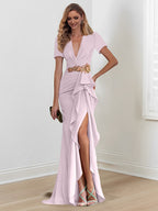 Vestidos de madre de la novia con escote en V, corte sirena/trompeta, largo hasta el suelo y volantes