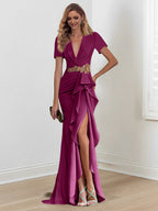 Vestidos de madre de la novia con escote en V, corte sirena/trompeta, largo hasta el suelo y volantes