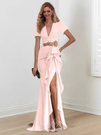 Vestidos de madre de la novia con escote en V, corte sirena/trompeta, largo hasta el suelo y volantes