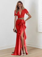 Vestidos de madre de la novia con escote en V, corte sirena/trompeta, largo hasta el suelo y volantes