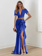 Vestidos de madre de la novia con escote en V, corte sirena/trompeta, largo hasta el suelo y volantes
