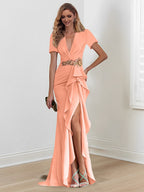 Vestidos de madre de la novia con escote en V, corte sirena/trompeta, largo hasta el suelo y volantes