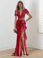 Vestidos de madre de la novia con escote en V, corte sirena/trompeta, largo hasta el suelo y volantes