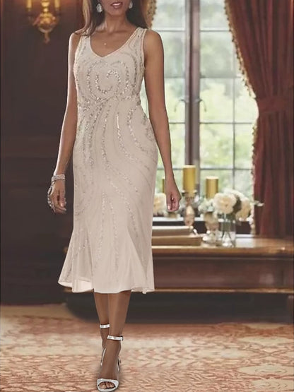 Chiffon V-Ausschnitt 2-teiliges Brautmutterkleid mit Jacke und Pailletten 