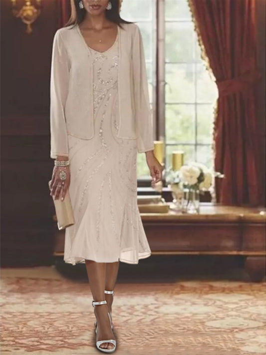 Chiffon V-Ausschnitt 2-teiliges Brautmutterkleid mit Jacke und Pailletten 