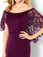 Vestidos de madre de la novia con hombros descubiertos, corte tubo/columna y encaje