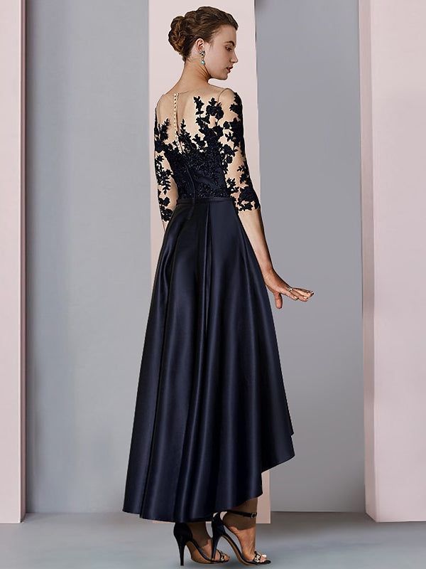 Vestidos de madre de la novia de corte A/princesa, cuello ilusión, asimétricos, largo hasta la rodilla