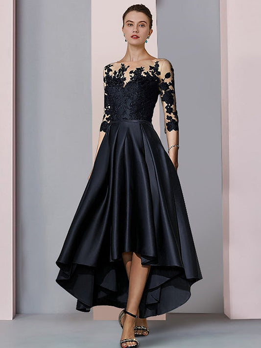 Vestidos de madre de la novia de corte A/princesa, cuello ilusión, asimétricos, largo hasta la rodilla