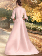 Vestidos de madre de la novia de corte A/princesa, escote en V, mangas 1/2, largo hasta el suelo, con faja