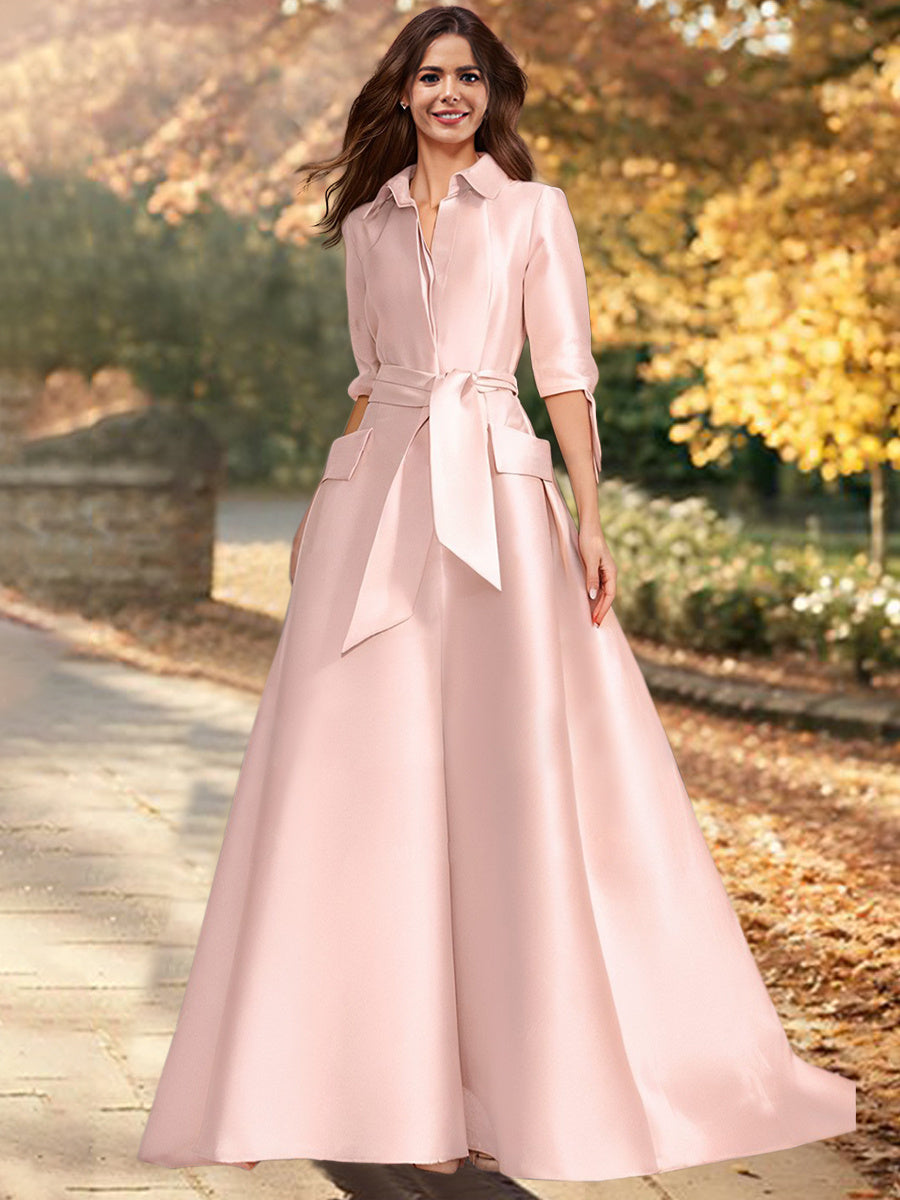 Vestidos de madre de la novia de corte A/princesa, escote en V, mangas 1/2, largo hasta el suelo, con faja