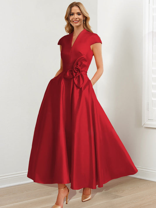 Vestidos de madre de la novia de corte A/princesa, escote en V, mangas cortas y largo hasta los tobillos
