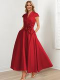 Vestidos de madre de la novia de corte A/princesa, escote en V, mangas cortas y largo hasta los tobillos